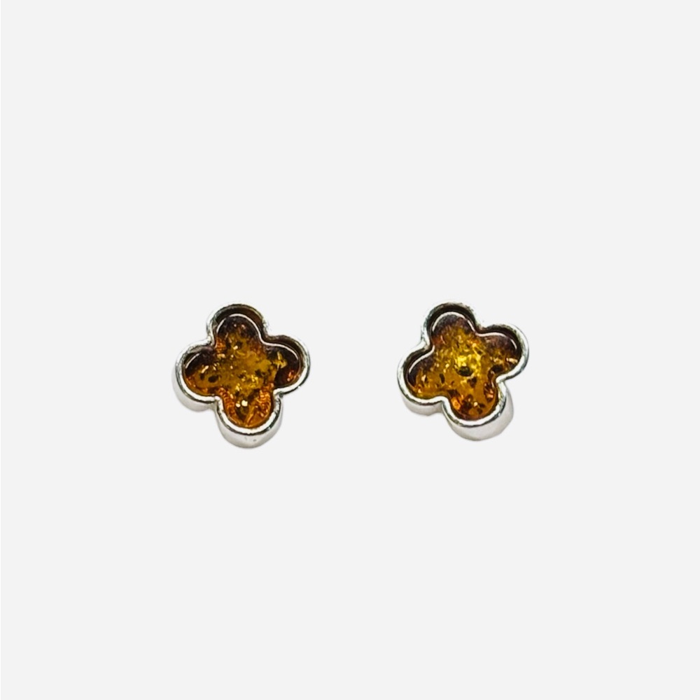 Silver and Amber Quatrefoil Clover Stud Earrings